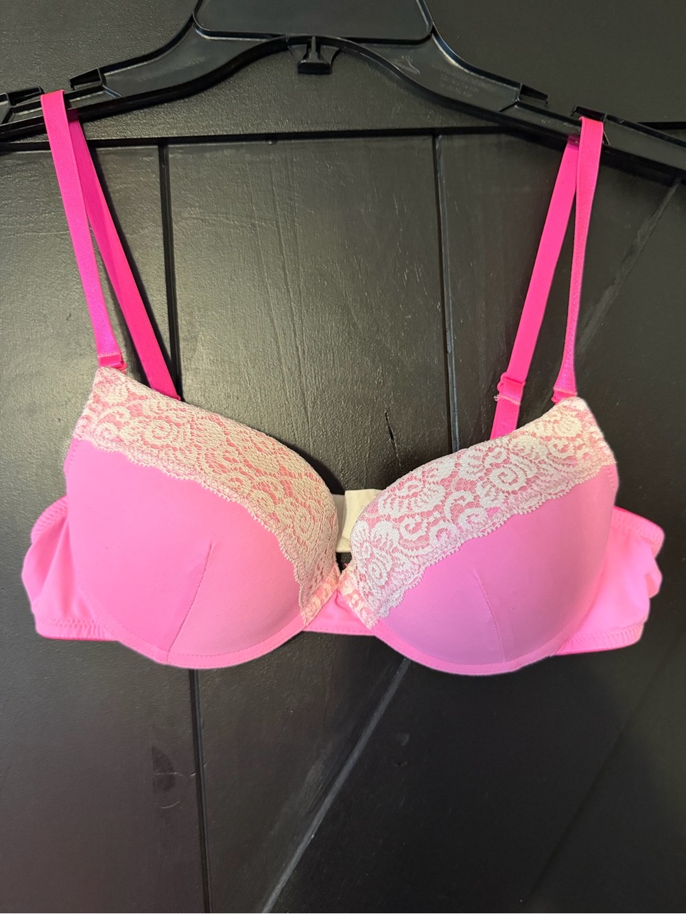 Hot Pink Push-Up Bra with White Lace Trim
